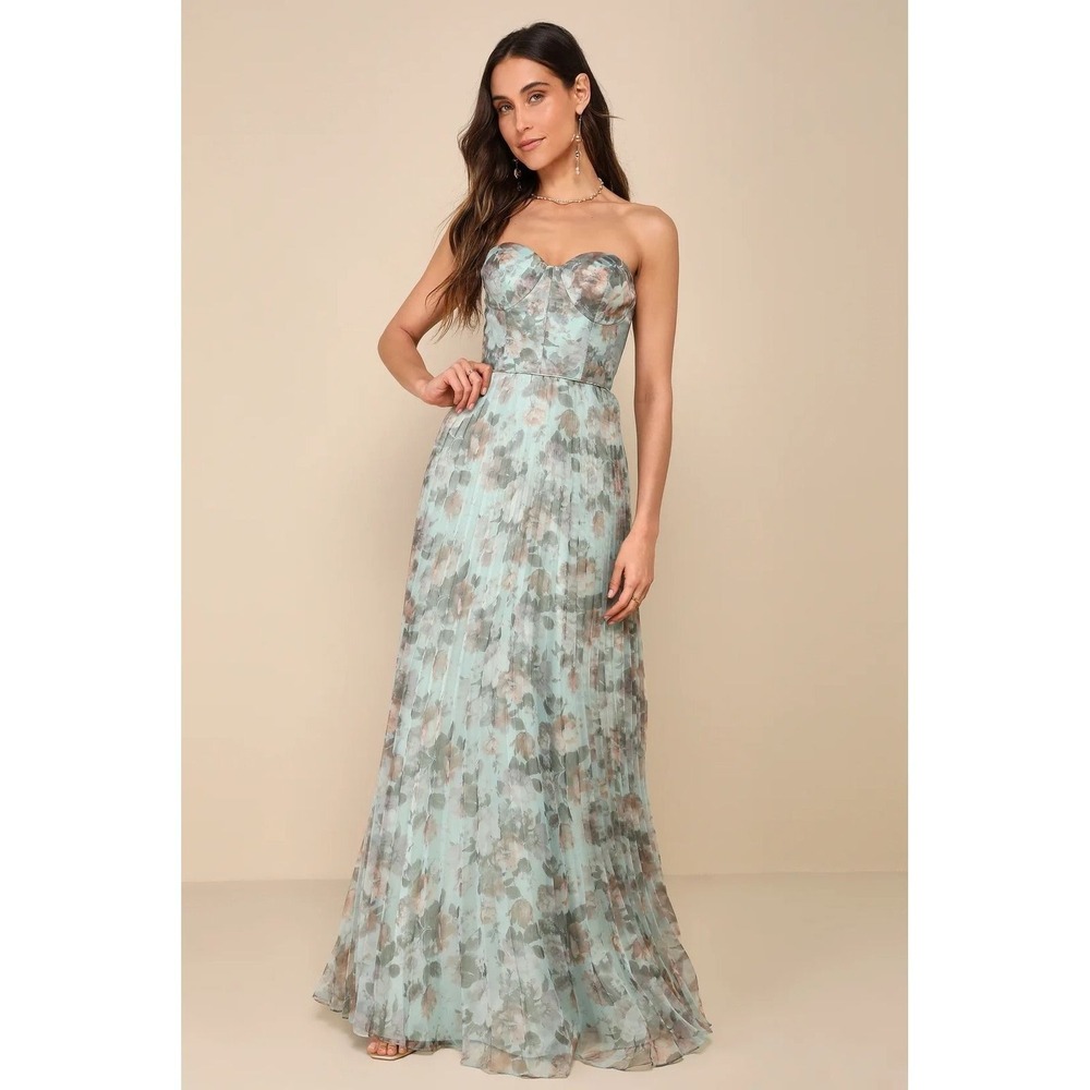 Lulus NWT Most Beautiful Day Sage Multi Floral Print Organza Maxi Dress - Small